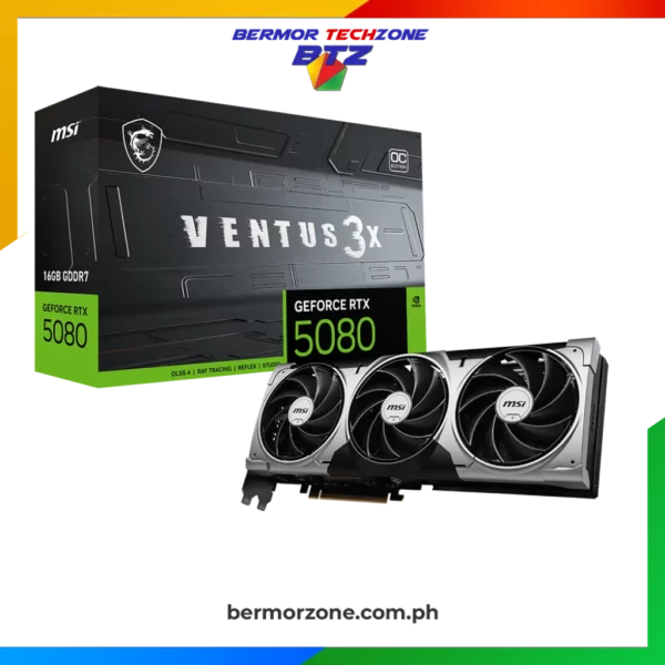 MSI GeForce RTX 5080 16GB VENTUS 3X OC GDDR7 Graphics CardWITH DLSS 4

 	Powered by NVIDIA DLSS 4,
 	Core Clock: TBD
 	TORX Fan 5.0: Fan blades linked by ring arcs work to stabilize and maintain high-pressure airflow.
 	Nickel-plated Copper Baseplate: Heat from the GPU and memory is swiftly captured by a nickel-plated copper baseplate and transferred.
 	Core Pipes feature a square design to maximize contact with the GPU baseplate for optimal thermal management.
 	Metal Backplate: A reinforcing metal backplate with airflow vents and thermal pads enhances cooling.
 	MSI Center software gives you the choice to prioritize full performance in GAMING mode or low noise in SILENT mode.
 	Afterburner software takes full control with the most recognized and widely used graphics card overclocking software in the world.