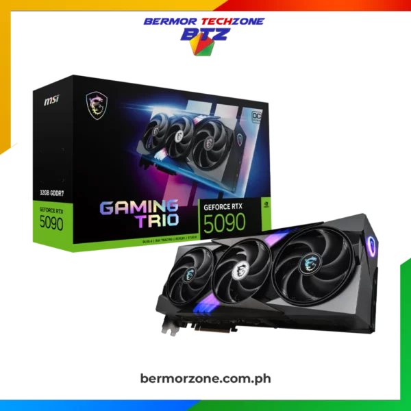 MSI GeForce RTX 5090 32G GAMING TRIO OC GDDR7 Graphics CardWITH DLSS 4

 	Powered by NVIDIA DLSS 4
 	Core Clock: TBD
 	TRI FROZR 4 Thermal Design: Upgraded fans, airflow control, and thermal design deliver superior cooling and quieter operation.
 	STORMFORCE Fan: Seven fan blades, claw texturing, and a circular arc are designed for optimal airflow with minimal noise.
 	Nickel-plated Copper Baseplate: Heat from the GPU and memory is swiftly captured by a nickel-plated copper baseplate and transferred.
 	Core Pipes feature a square design to maximize contact with the GPU baseplate for optimal thermal management.
 	Metal Backplate:  A reinforcing metal backplate with airflow vents and thermal pads enhances cooling.
 	Wave Curved 4.0: Precision-engineered wave edges with a high-low fin design enhance airflow and reduce turbulence.
 	Air Antegrade Fin 2.0: The fins feature a V-shaped cutout and a high-low design at the airflow passthrough to optimize flow efficiency.
 	Dual BIOS gives you the choice to prioritize for full performance in GAMING mode or low noise in SILENT mode.
 	MSI Center software gives you the choice to prioritize full performance in GAMING mode or low noise in SILENT mode.
 	Afterburner software takes full control with the most recognized and widely used graphics card overclocking software in the world.