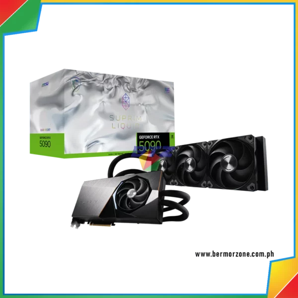 MSI GeForce RTX 5090 32GB SUPRIM LIQUID SOC GDDR7 Graphics CardWITH DLSS 4

 	Superior Hybrid Cooling System SUPRIM LIQUID's innovative Hybrid design uses both air cooling with STORMFORCE Fan and liquid cooling to effectively manage heat from the GPU and VRAM.
 	Advanced Performance Pump Designed for optimal flow, automotive-grade coolant flows through the tubing to the radiator, to ensure SUPRIM LIQUID stays cool.
 	Patented Water Block Design The patented water block features a special waterway that cools the GPU and VRAM, helping to lower temperatures.
 	Micro-fin Copper Base The copper base features fine micro fins, which are immersed in the liquid stream to transfer heat away from the VRAM and GPU.
 	360 mm Aluminum Radiator The 360 mm radiator and STORMFORCE Fan bring cooling performance while streamlining cable management for a cleaner look.
 	Durable Tubing with Scratch-proof Cover Braided PVC tubes resist permeation, while the scratch-proof cover enhances durability during SUPRIM LIQUID installation.
 	Metal Backplate: A reinforcing metal backplate with airflow vents and thermal pads enhances cooling.
 	Dual BIOS: Dual BIOS gives you the choice to prioritize for full performance in GAMING mode or low noise in SILENT mode.
 	MSI Center: The exclusive MSI Center software lets you monitor, tweak and optimize MSI products in real-time.
 	Afterburner: Take full control with the most recognized and widely used graphics card overclocking software in the world.