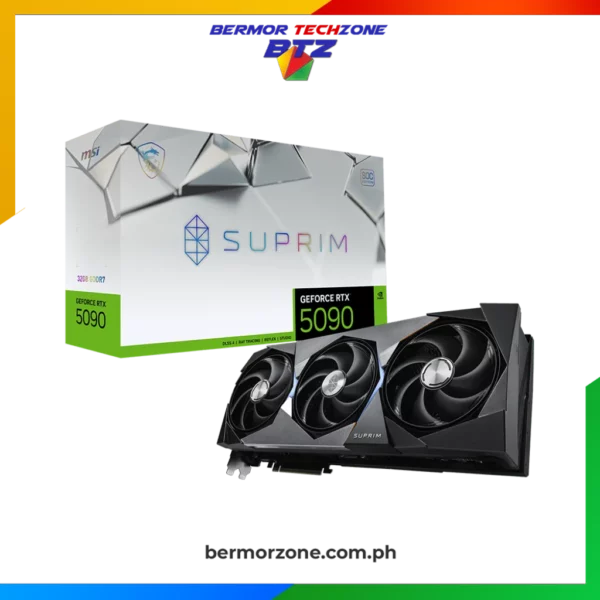 MSI GeForce RTX 5090 32GB SUPRIM SOC GDDR7 Graphics CardWITH DLSS 4

 	HYPER FROZR THERMAL DESIGN: An apex evolution of advanced thermal design that delivers unparalleled cooling and quiet operation.
 	STORMFORCE Fan: Seven fan blades, claw texturing, and a circular arc are designed for optimal airflow with minimal noise.
 	Advanced Vapor Chamber: Built-in Vapor Chamber swiftly transfers heat from the GPU and VRAM to the core pipe for optimal dissipation.
 	Core Pipes: Square-shaped Core Pipes maximize heat dissipation with the Vapor Chamber for superior cooling.
 	Filled Fins: Shaped fins cover the core pipes to reduce turbulence and enhance cooling performance.
 	Wave Curved 4.0: Precision-engineered wave edges with a high-low fin design enhance airflow and reduce turbulence.
 	Air Antegrade Fin 2.0: The fins feature a V-shaped cutout and a high-low design at the airflow passthrough to optimize flow efficiency.
 	Metal Backplate: A reinforcing metal backplate with airflow vents and thermal pads enhances cooling.
 	Dual BIOS: Dual BIOS gives you the choice to prioritize for full performance in GAMING mode or low noise in SILENT mode.
 	MSI Center: The exclusive MSI Center software lets you monitor, tweak and optimize MSI products in real-time.
 	Afterburner: Take full control with the most recognized and widely used graphics card overclocking software in the world.