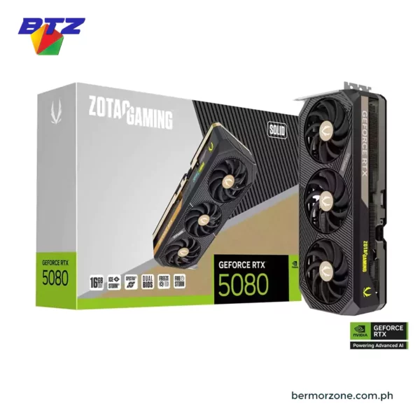 Zotac Gaming Geforce RTX 5080 Solid 16GB GDDR57 256 Bit Graphics CardThe ZOTAC GAMING GeFroce RTX 5080 SOLID OC is a no-frills, all-action package to sate your need for performance and speed. Featuring NVIDIA‘s cutting-edge Blackwell architecture, features like DLSS4 and flagship-level cooling solution, the SOLID OC is built tough and hard-hitting when it comes to games and benchmarks. Feature Highlights: - Powered by the NVIDIA Blackwell architecture and DLSS 4 - Strong Performance - IceStorm 3.0 Advanced Cooling - Larger Vapor Chamber - BladeLink Fans - Reinforced Metal Mid-Frame - FREEZE Fan Stop, Active Fan Control, Dual BIOS - SPECTRA 2.0 RGB Lighting - SPECTRA LINK Lighting Sync port - Metal die-cast Backplate - Bundled with GPU Support Bracket - All-new FireStorm Utility