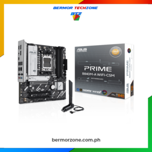 ASUS Prime B840M-A WiFi CSM Micro-ATX AM5 Motherboard<h4><strong><a href="https://bermorzone.com.ph/">Features</a>
</strong></h4>
<ul>
 	<li><strong>Processor & Chipset:</strong> Supports AMD Ryzen 9000, 8000, and 7000 Series processors with the AMD B840 chipset (Socket AM5).</li>
 	<li><strong>Memory & Expansion:</strong> Up to 256GB DDR5 RAM (4 slots, up to 7600+ MT/s OC), PCIe 4.0 x16 for graphics, and multiple PCIe 3.0 slots.</li>
 	<li><strong>Storage Options:</strong> 3x M.2 slots (PCIe 4.0 & 3.0) and 4x SATA 6Gb/s ports, with RAID support based on processor type.</li>
 	<li><strong>Connectivity & Networking:</strong> Wi-Fi 6E, Bluetooth 5.3, Realtek 2.5Gb Ethernet, multiple USB ports including USB-C.</li>
 	<li><strong>Additional Features:</strong> ASUS 5X Protection III, BIOS FlashBack™, Aura Sync RGB headers, and ASUS Control Center Express for IT management.</li>
</ul>