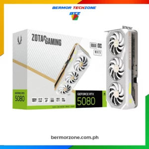 ZOTAC GAMING GeForce RTX 5080 SOLID OC White Edition 16GB GDDR7 Graphics Card<strong>Feature Highlights:</strong>
- Powered by the NVIDIA Blackwell architecture and DLSS 4
- IceStorm 3.0 Advanced <a href="https://bermorzone.com.ph">Cooling</a>
- 34% Larger Vapor Chamber
- BladeLink Fans
- Reinforced Metal Mid-Frame
- FREEZE Fan Stop, Active Fan Control 2.0, Dual BIOS
- SPECTRA 2.0 RGB Lighting
- SPECTRA LINK Lighting Sync port
- Metal die-cast Backplate
- Bundled with GPU Support Bracket
- 12V-2x6 Safety Light
- All-new FireStorm Utility