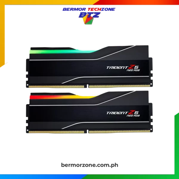 G.Skill Trident Z5 NEO RGB AMD Expo 64GB 2 x 32GB DDR5 6000 CL32-38-38-96 Desktop Memory F5-6000J3238G32GX2-TZ5NR Matte Black (Copy)
 	Trident Z5 Neo RGB Series, designed for AMD X670 Series Chipset with Ryzen 7000 Series CPU or newer
 	64GB kit containing 2 x 32GB modules, DDR5-6000, 288-Pin, CAS Latency CL32 (32-38-38-96) at 1.40V (AMD EXPO)
 	ECC: No, Dual Channel Kit, Recommended Use: High Performance Overclocking and Gaming Memory
 	Memory kits will boot at the SPD speed at default BIOS settings with compatible hardware.
 	For memory kits with EXPO, enable EXPO profile in BIOS to reach the rated potential EXPO overclock speed of the memory kit, subject to the use of compatible hardware.
 	Reaching the rated EXPO overclock speed and system stability will depend on the compatibility and capability of the motherboard and CPU used.